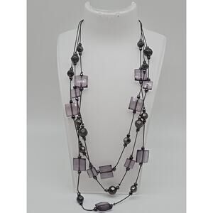 Multi-strand Translucent Purple Square Metallic Grey Faceted Beaded Necklace